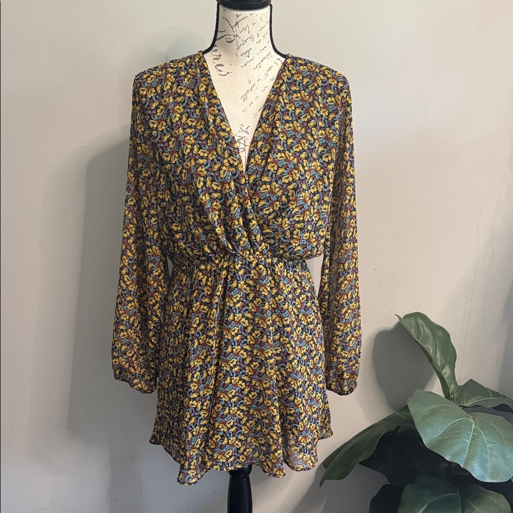 Zara Floral Wrap‎ Mini Dress M Boho Tie Waist Flowy Fall Dress cottagecore